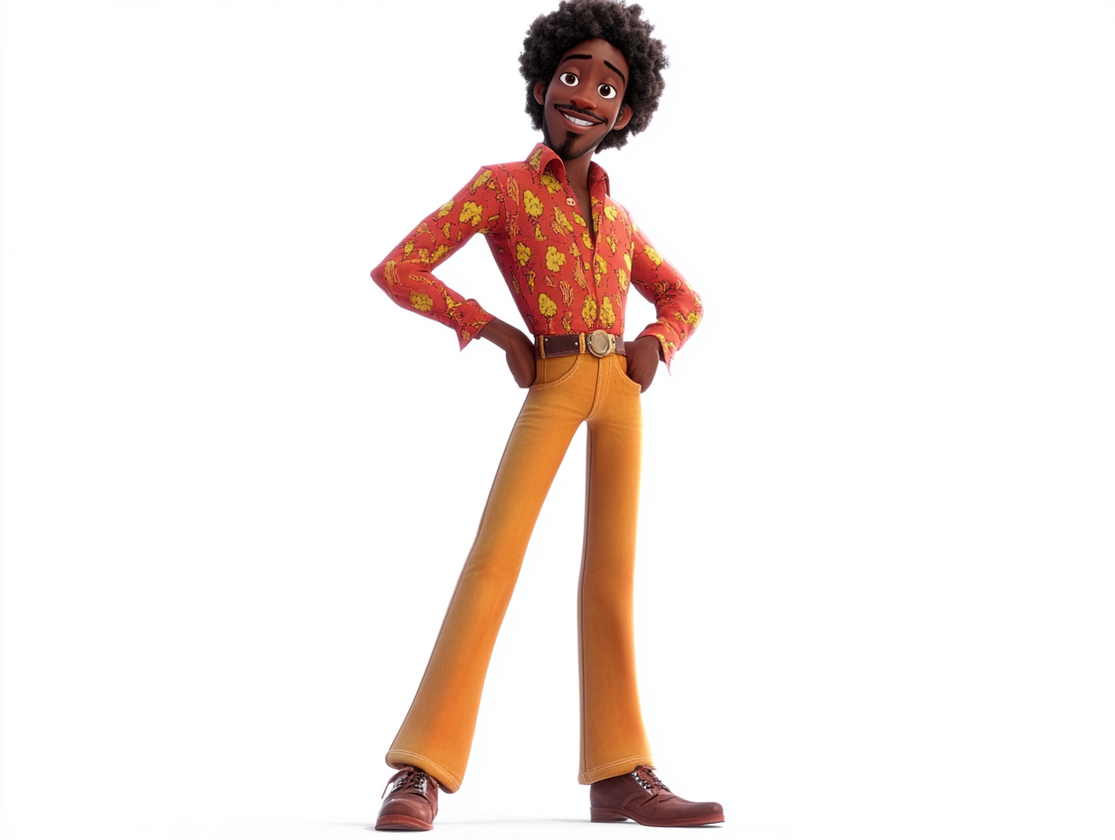 30-year-old black man in stylish 1970s clothing posing.