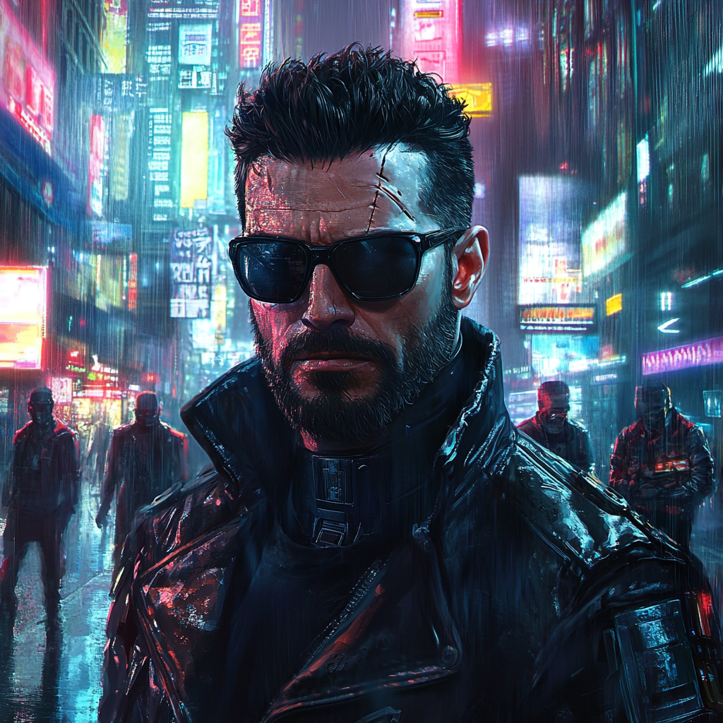 30-year-old cyberpunk man in Ray-Ban sunglasses with gang.