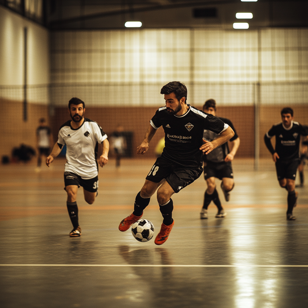 30-year-old men playing indoor soccer on synthetic grass.