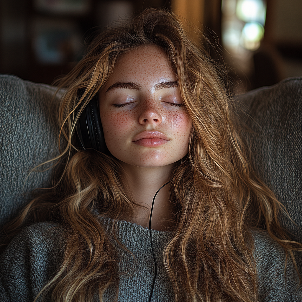 30 year old woman in living room chair listens peacefully.