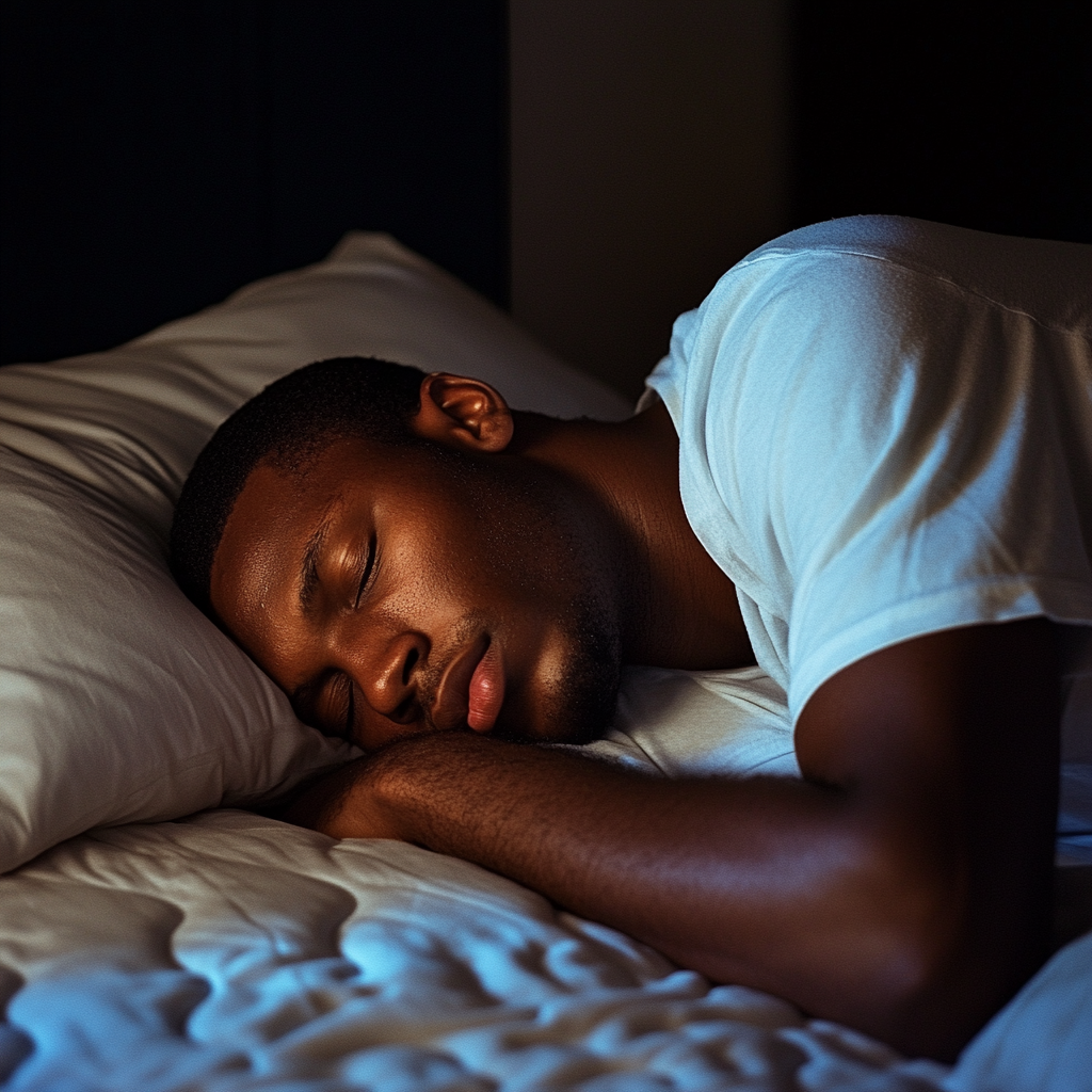 32 years old black man sleeping on mattress with pillowtop.