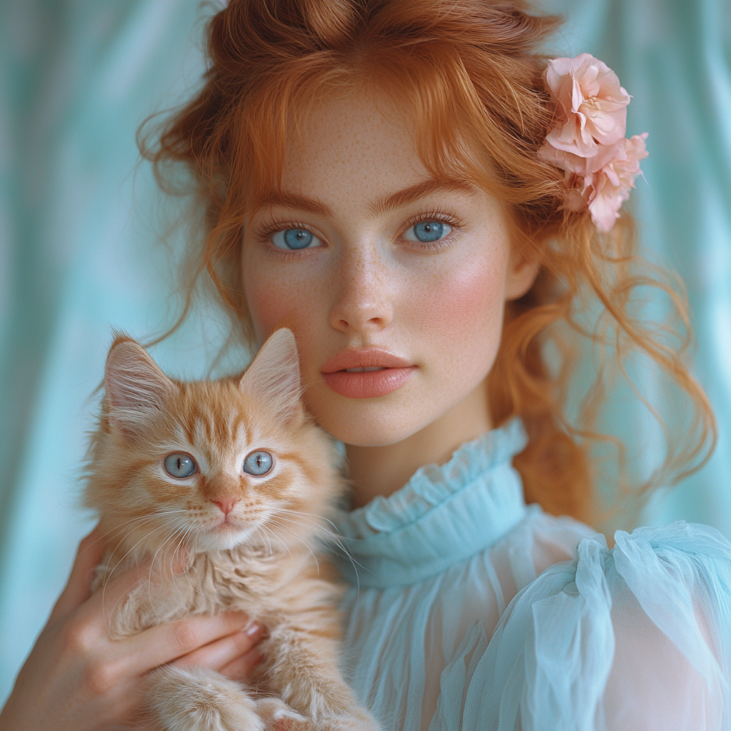 32k photo of woman holding red-haired kitten,m wearing blue dress, in front of soft pastel background.