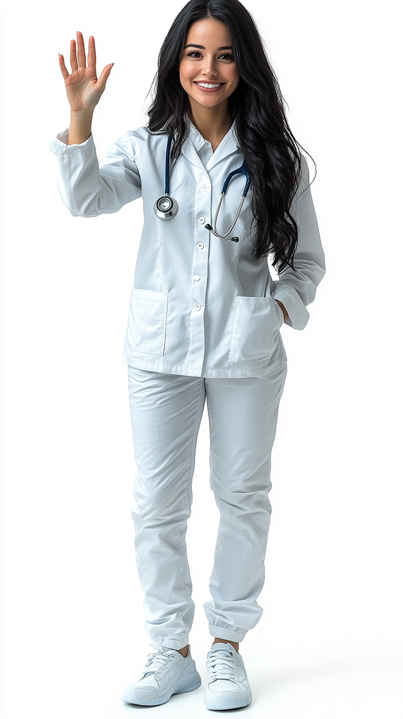 35-year-old American woman doctor smiling and waving hello. Hyper realistic photo on transparent background.