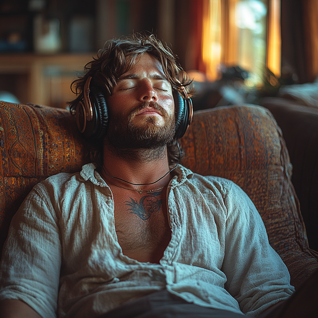 35 year old man in living room relaxing peacefully