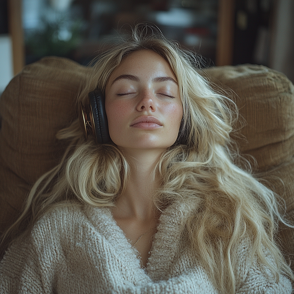 35-year-old woman in lounge chair listens to music.