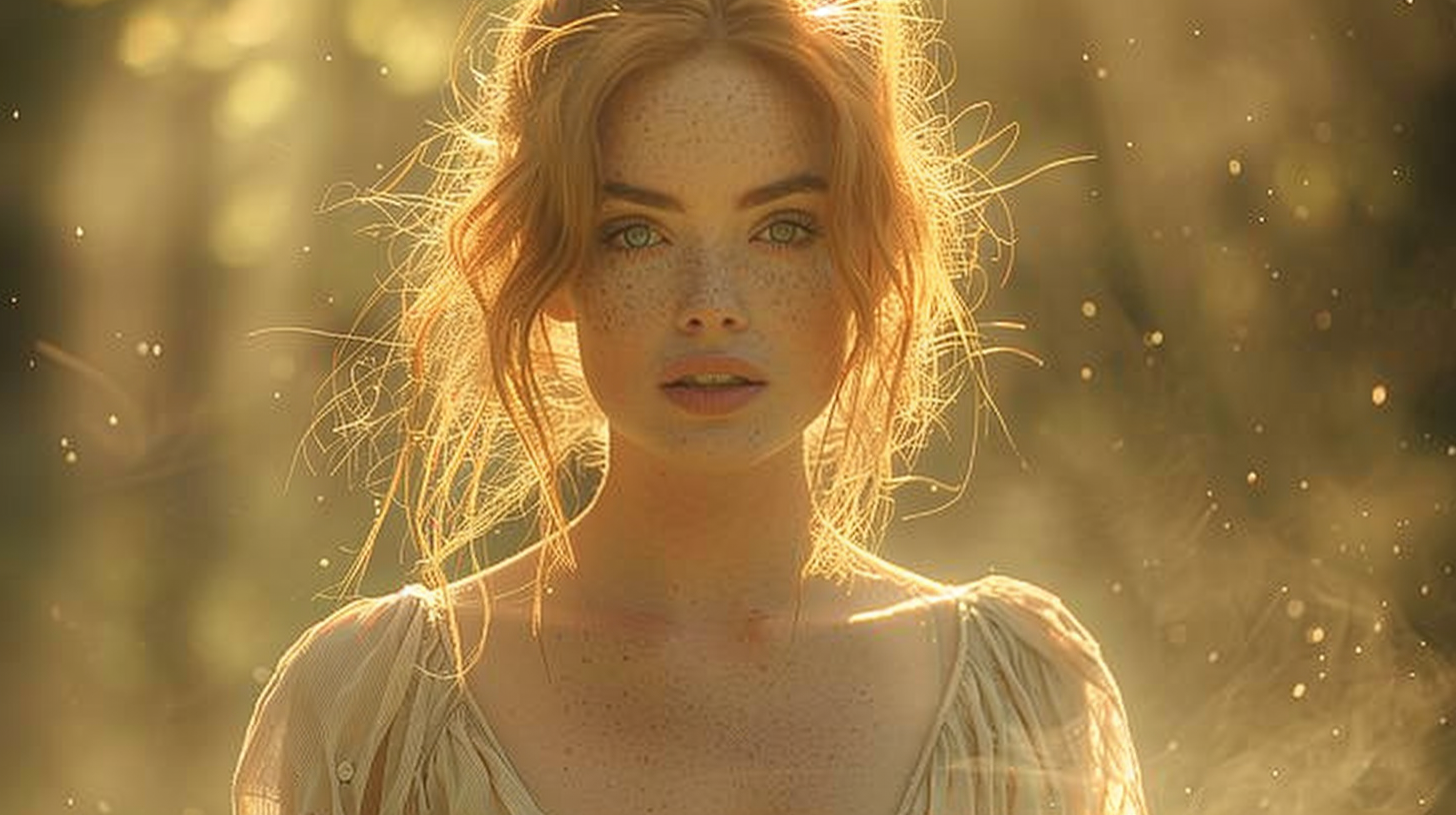 35-year-old woman with red hair in forest close-up.