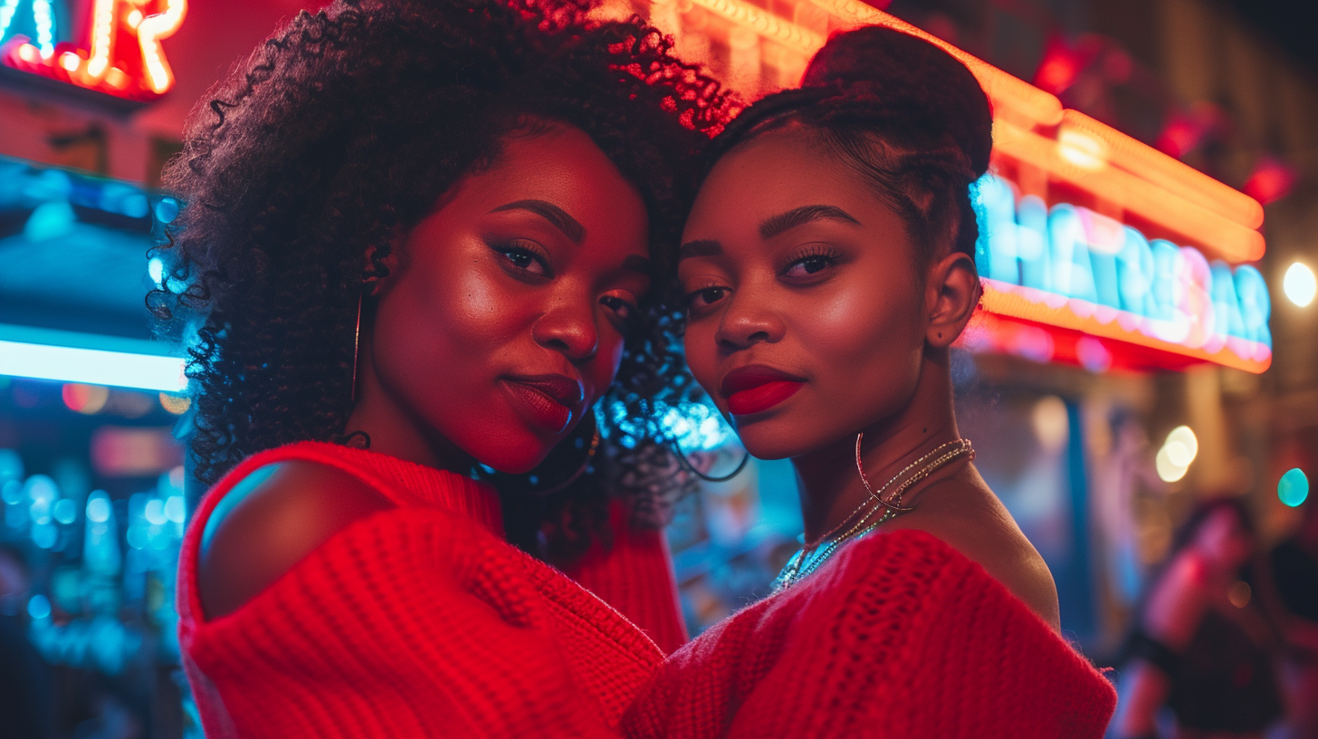 Two beautiful black women outside a bar