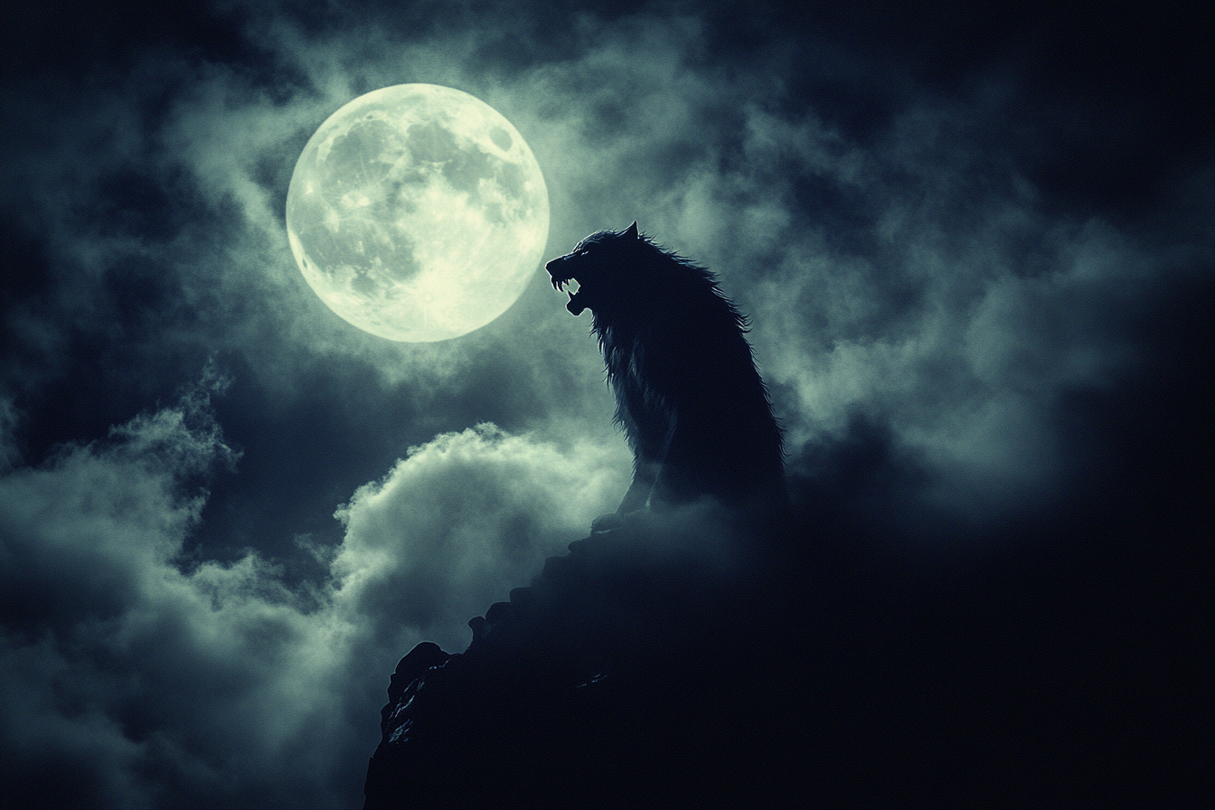 35mm film-style photo, Victorian-era night scene, full moon, towering werewolf, menacing, eerie atmosphere.