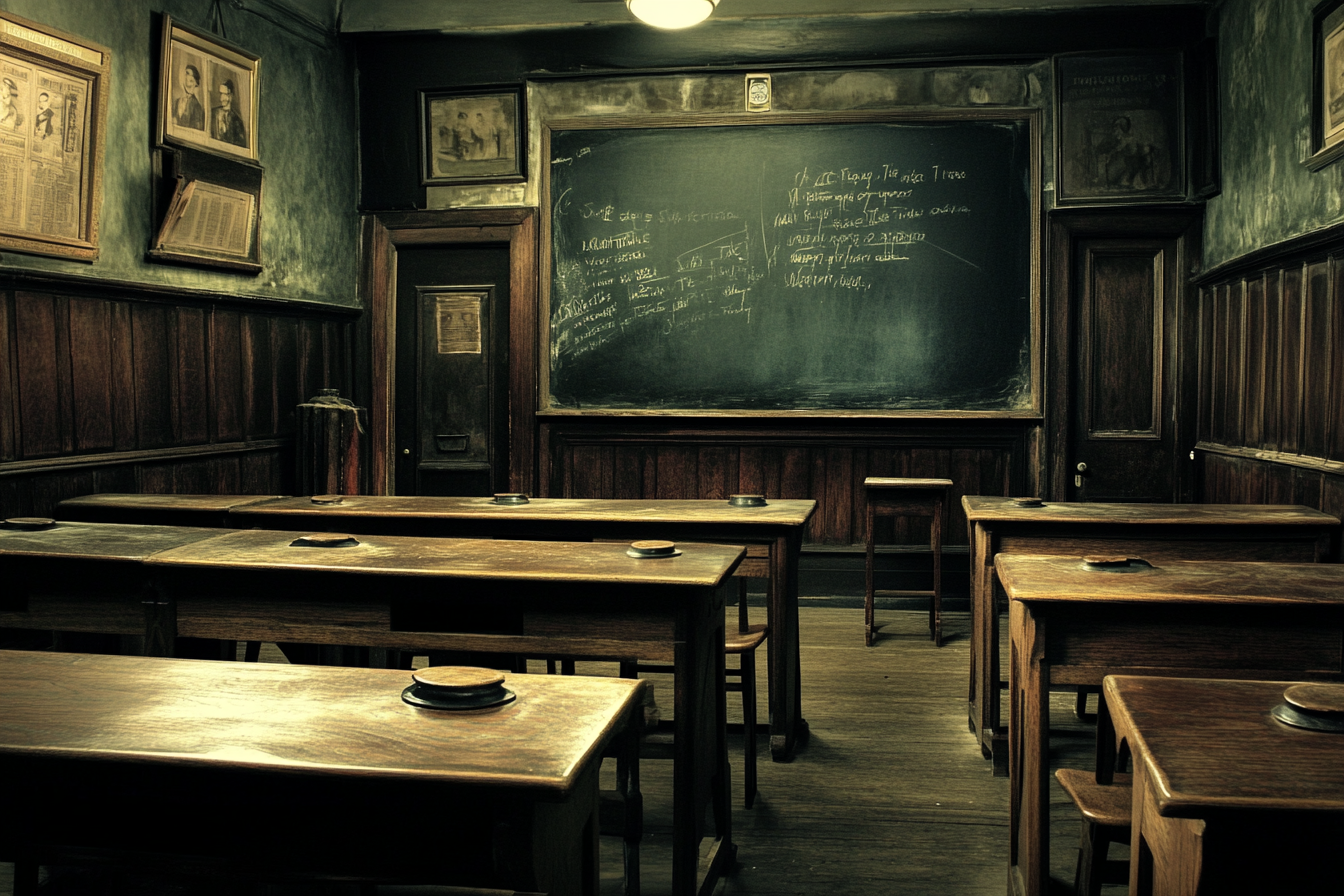 35mm film-style photo of Victorian-era classroom with desks.