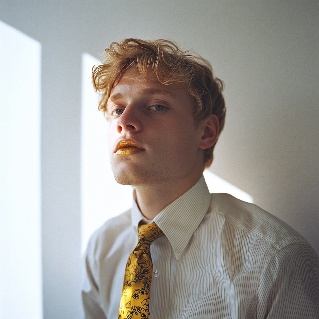 35mm portrait of young man with lipstick, light-filled studio.