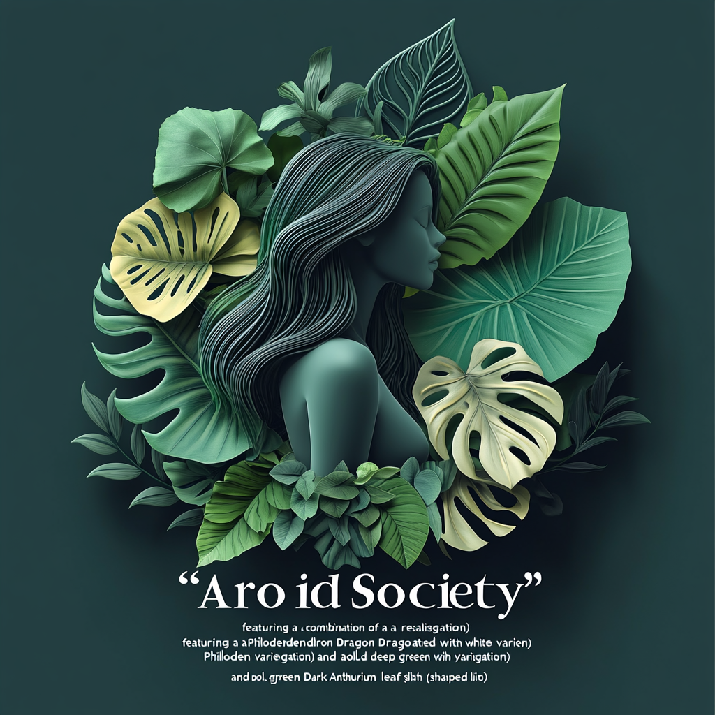 3D 'Aroid Society' logo with Monstera, Philodendron, Anthurium leaves.