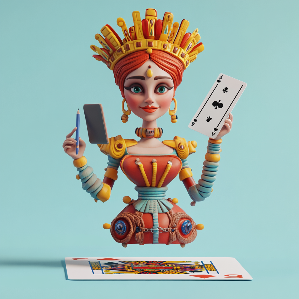 3D Latin queen character emerges from playing card with 4 hands holding various items.