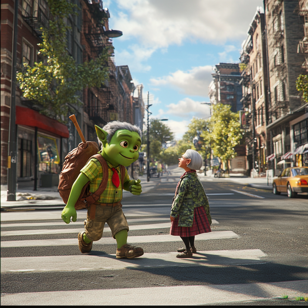 3D Pixar Green Orc Boy Scout Helping Lady