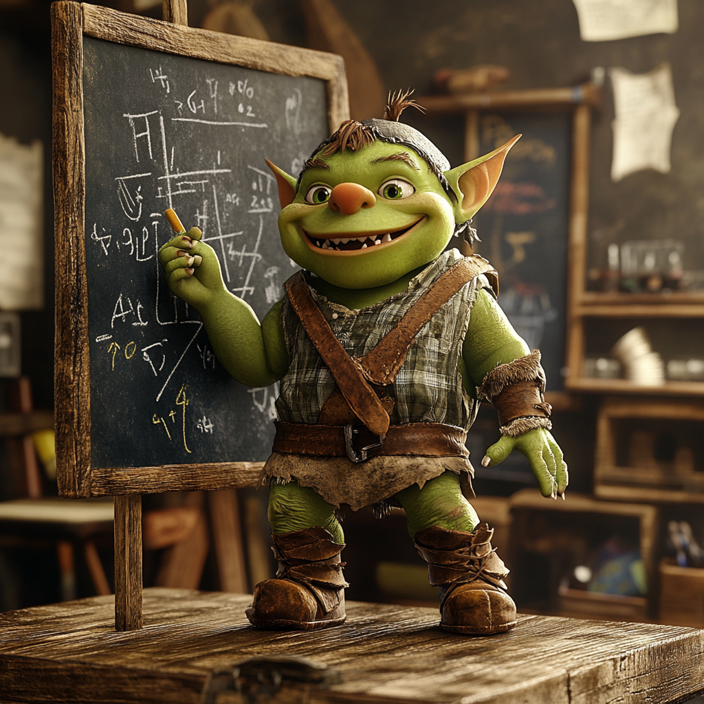 3D Pixar Green Orc Child Teaching Math on Blackboard