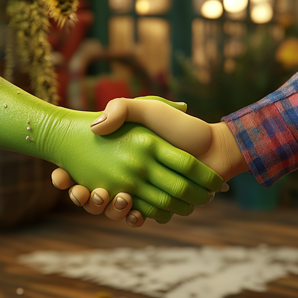 3D Pixar Orc Child Handshake with Human, Funny Scene