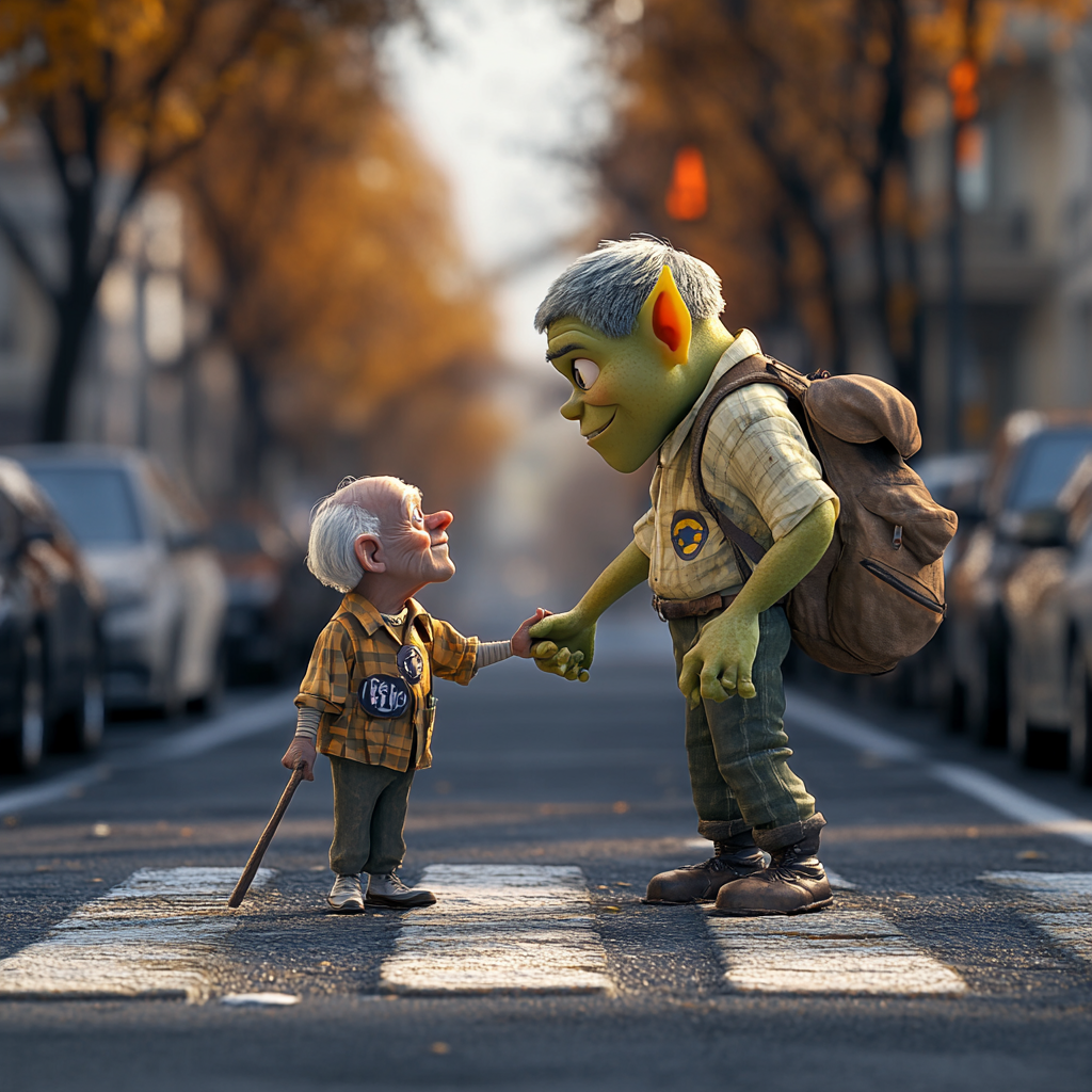 3D Pixar green orc boy scout helping elderly, funny texture