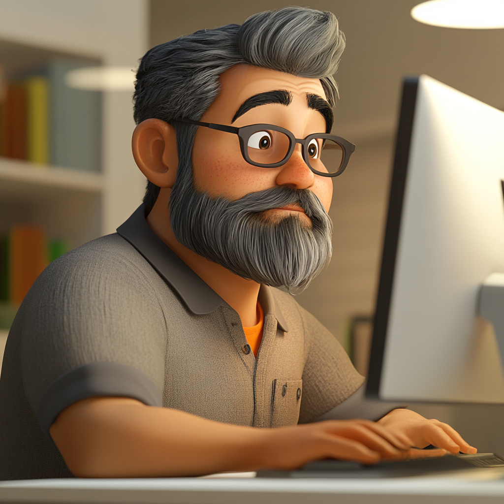 3D Pixar themed Hispanic guy, happy working on computer.