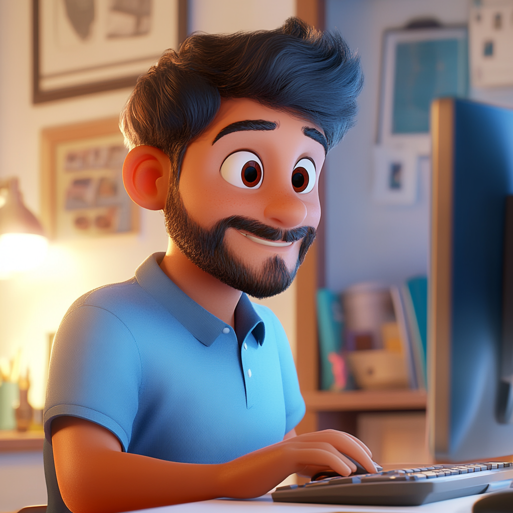 3D Pixar themed Hispanic man happy working on computer.