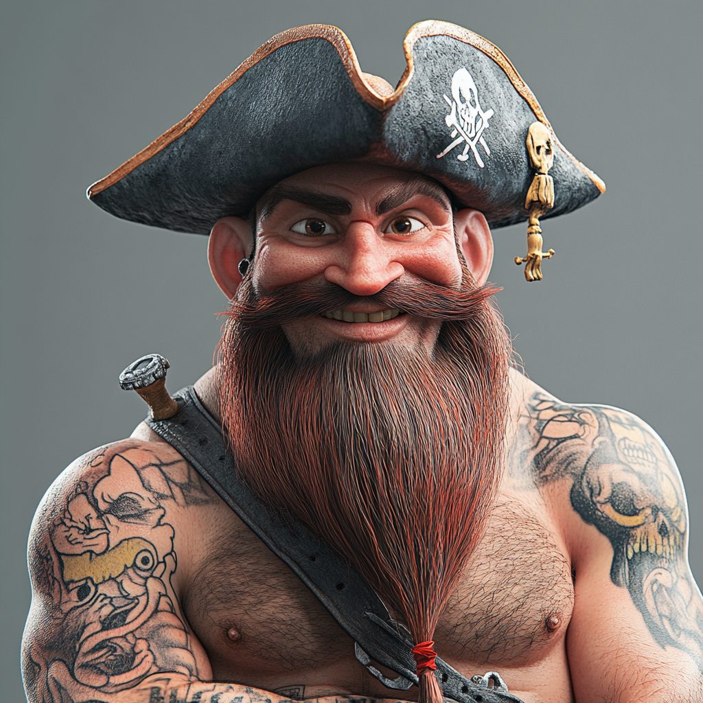 3D RedBeard pirate with tattoos, beard, pirate hat, bald.