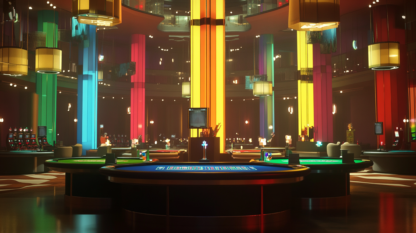 3D animated casino hall with serious tone and colorful tables.