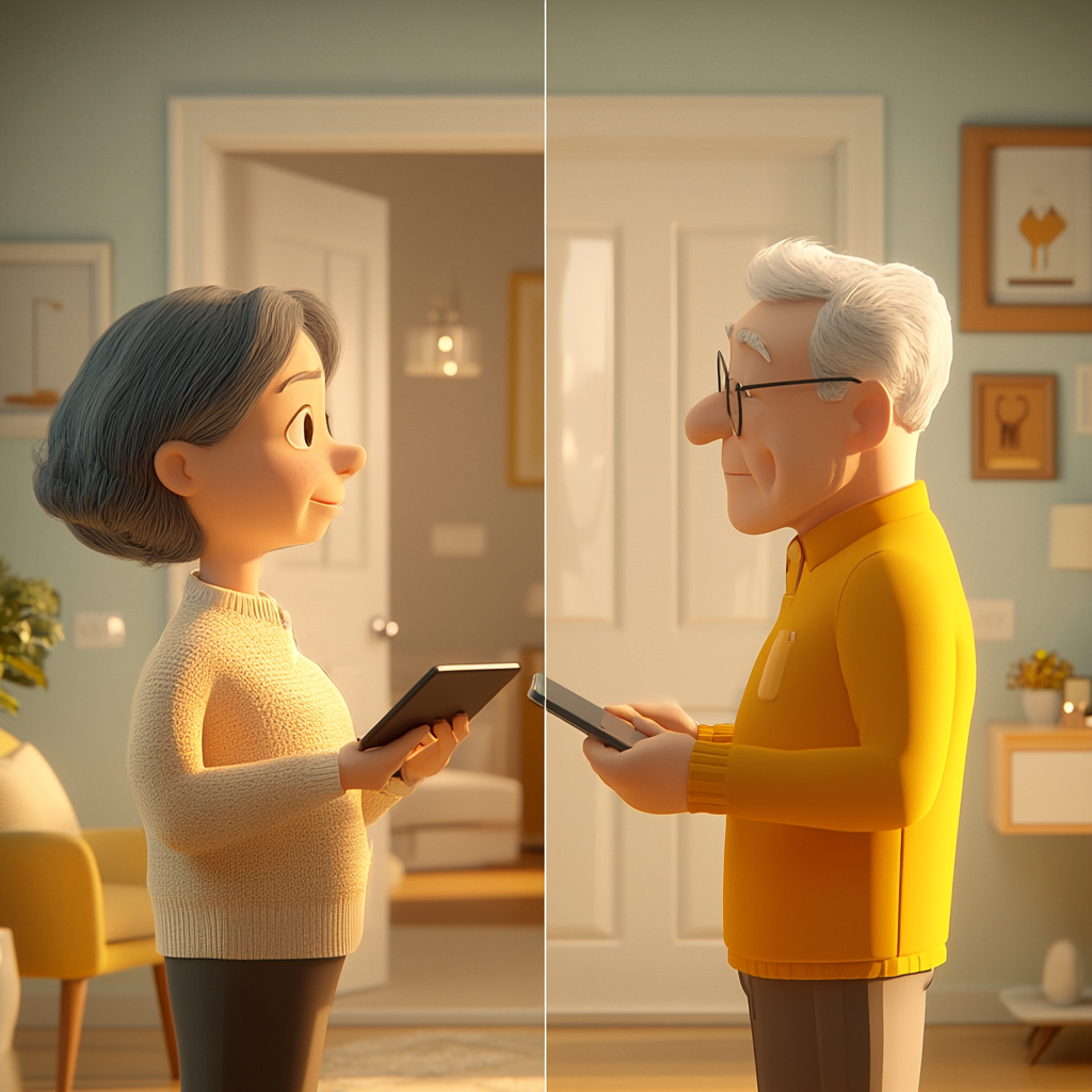 3D animation split-screen: character self-directs care, coordinates with agency.