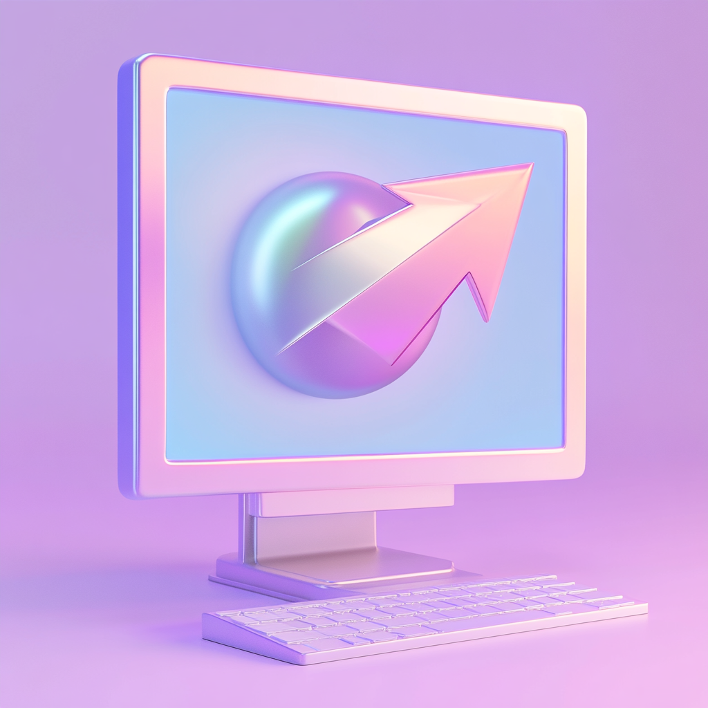 3D arrow in computer with white, purple, pink tones.