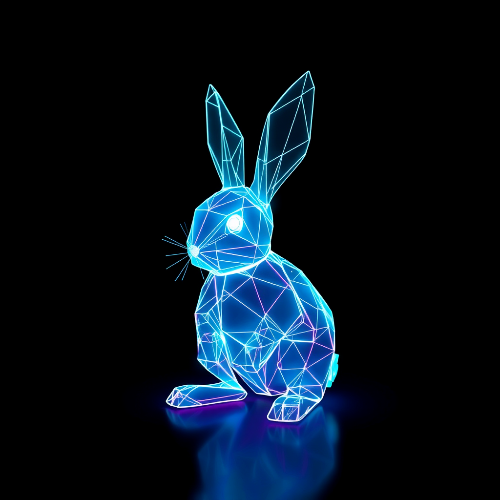 3D bunny made of neon fibers in black void.