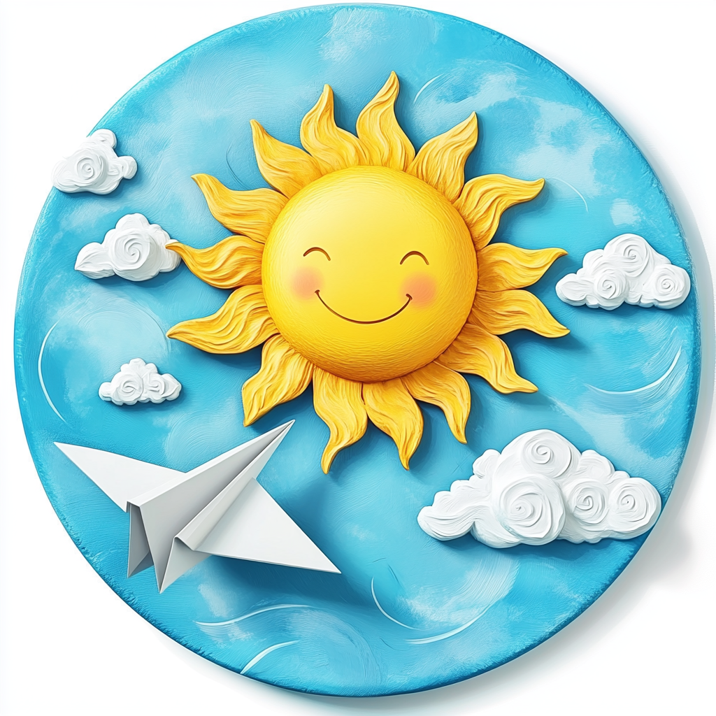 3D circular logo in hand-painted style with sun and airplane.