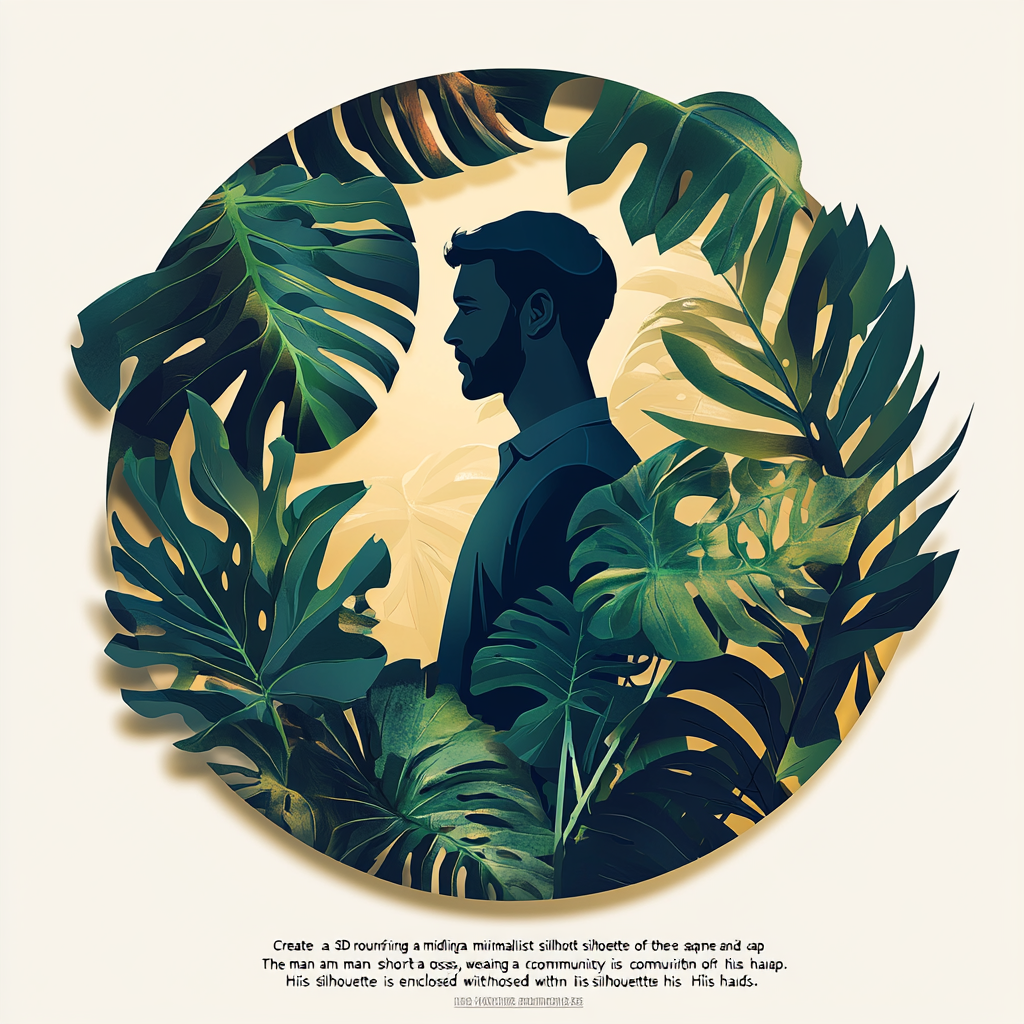 3D circular logo with man poses, plants, and community.