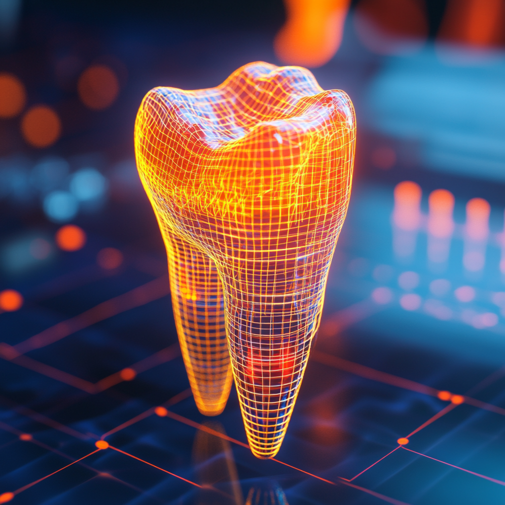 3D dental implant model with wireframes, grid lines, data.