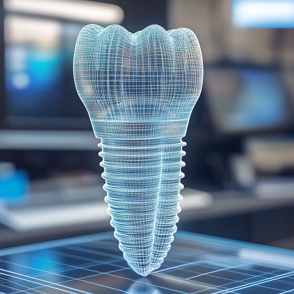 3D dental implant model with wireframes and grid lines.