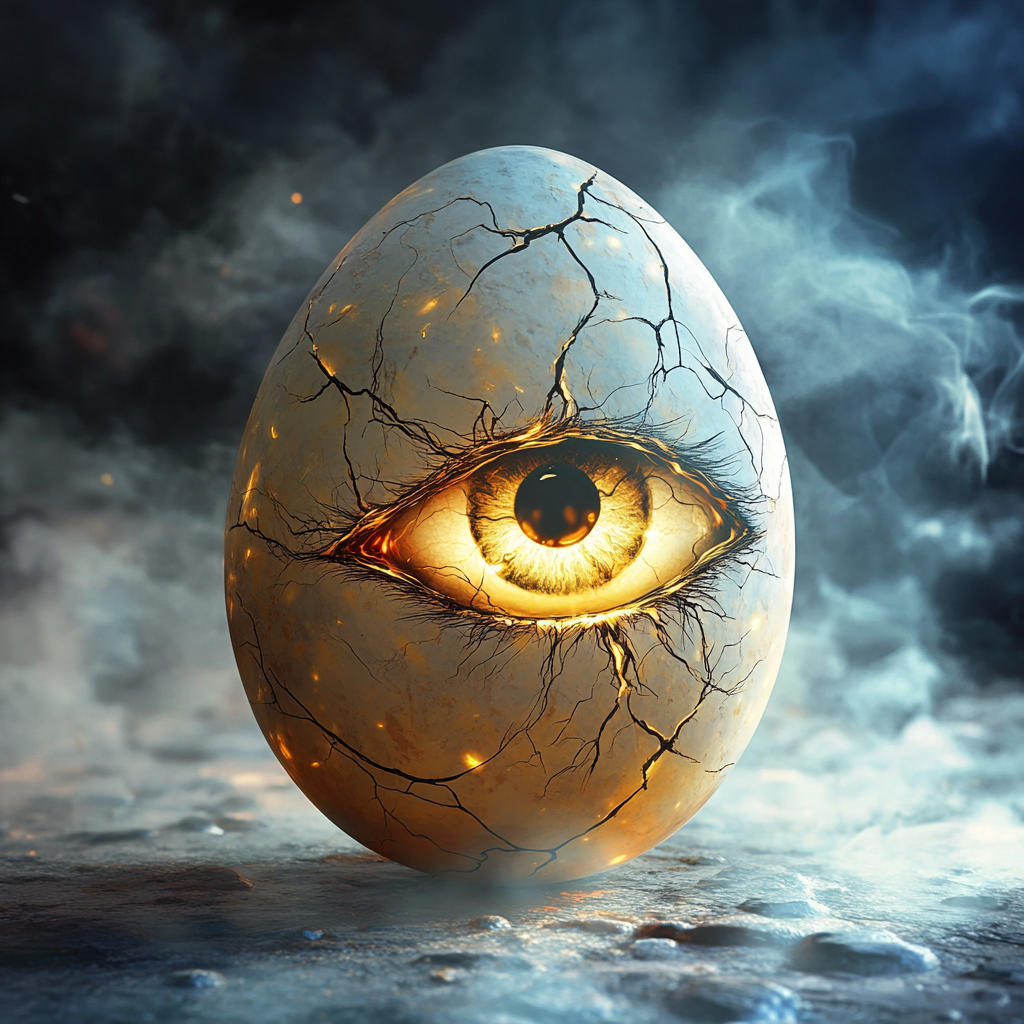 3D digital art of cracked egg with eye sketch.