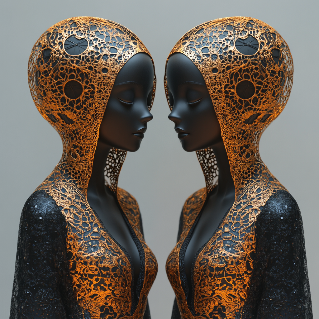 3D digital design of elegant women in black and gold.