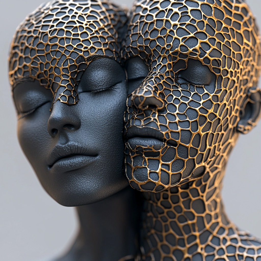 3D digital sculpture of serene man and woman.