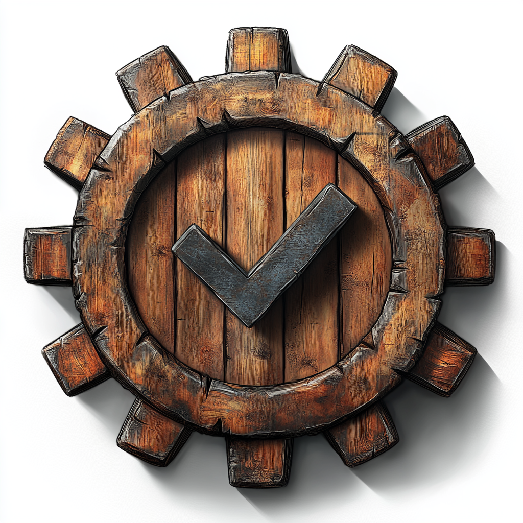 3D gear with wooden texture and modern checkmark.