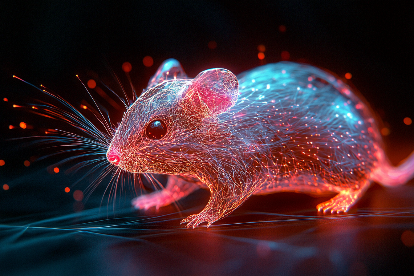 3D geometric hybrid hamster in fluorescent neon optic fibers.