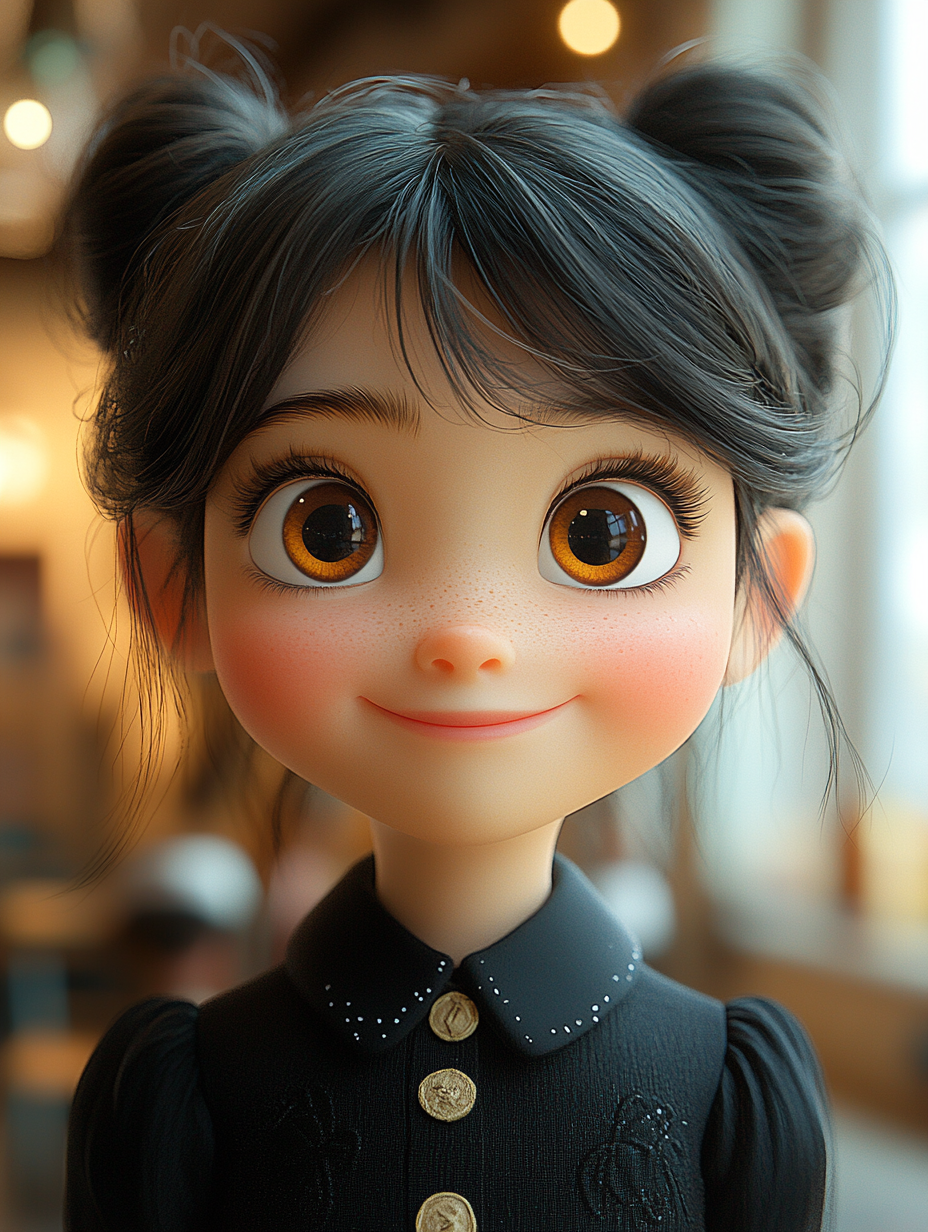 3D girl in black dress, smiling in classroom portrait.