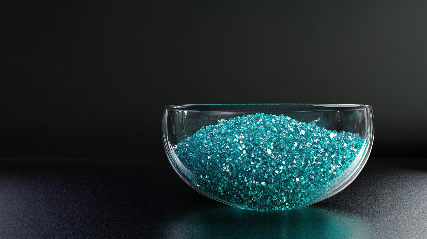 3D glass object with blue-green sand, black background.