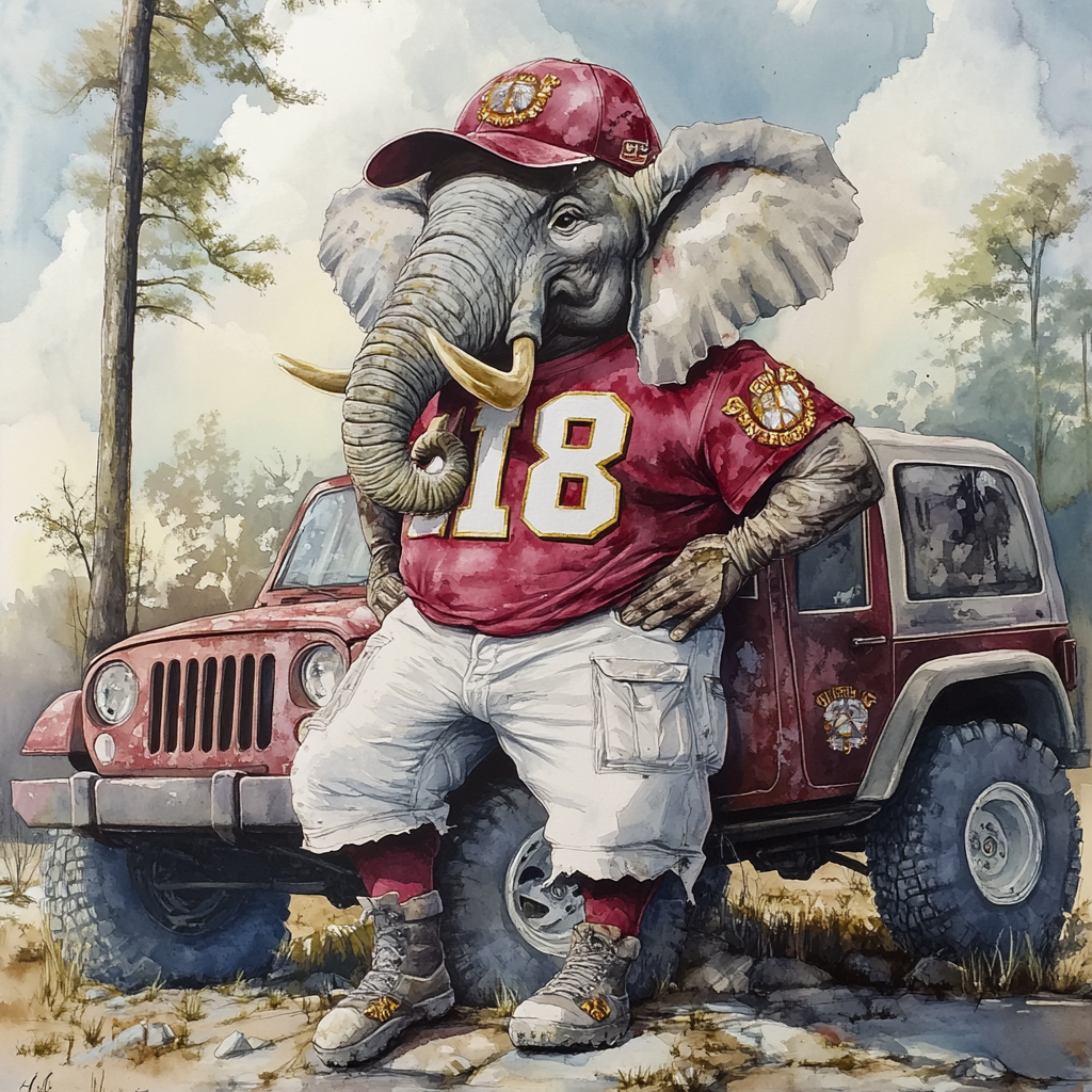 3D hyper realistic caricature of an Alabama crimson tide elephant.