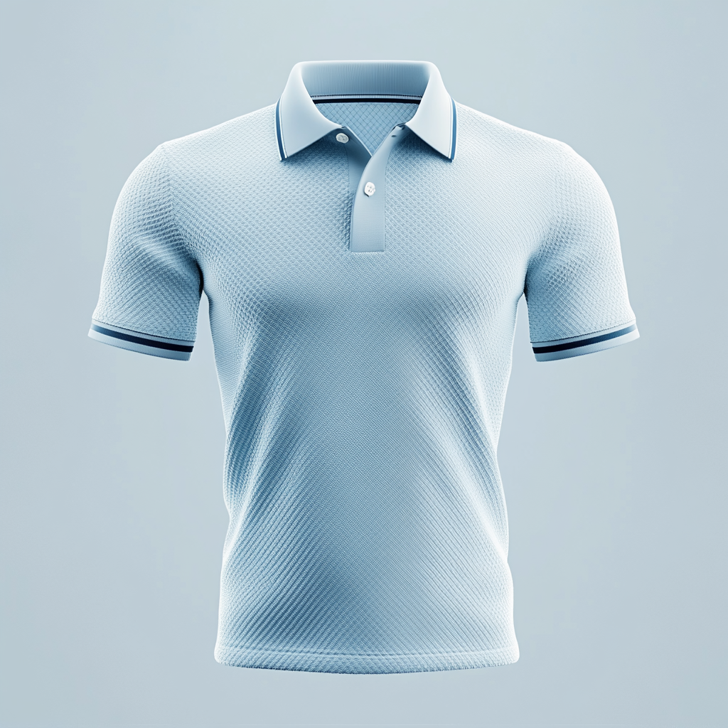 3D image of men's polo with jacquard fabric. Texture, design, unique placket, and stripe on collar. Realistic and floating in the air light blue.