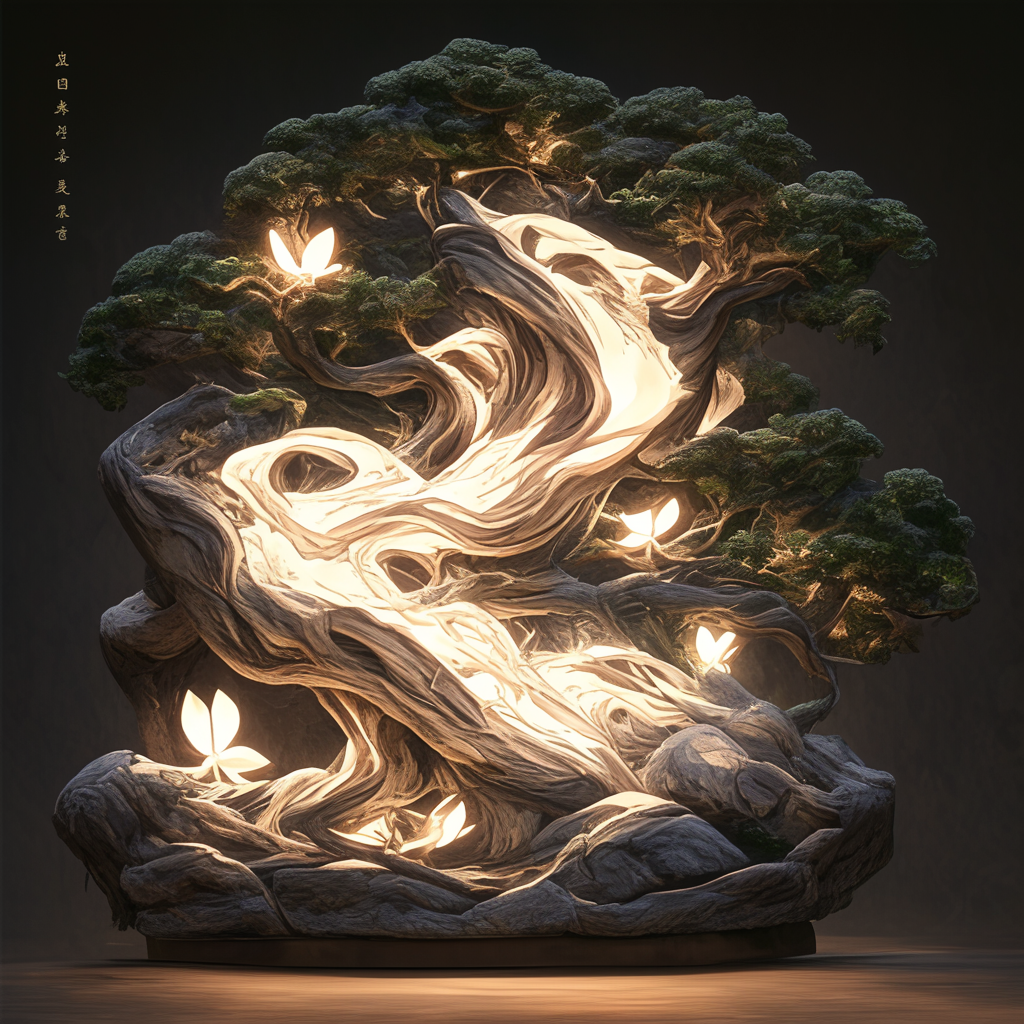 3D-printed oak tree sculpture with LED lights, rocks.