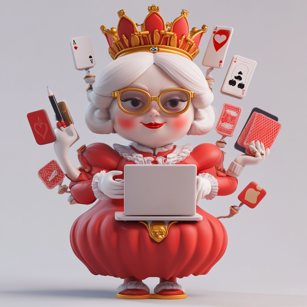 3D queen character from playing card, multi-tasking queen.