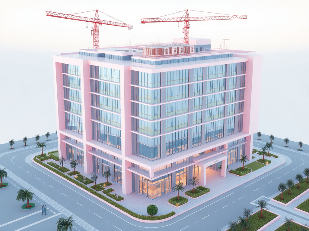 3D render of modern hotel construction with soft colors.