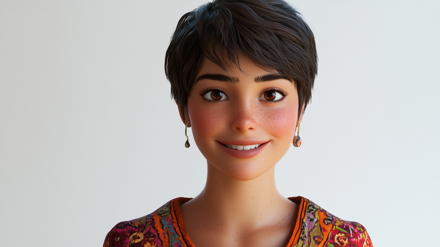 3D render woman, short hair, warm smile, Mexican-style clothing.