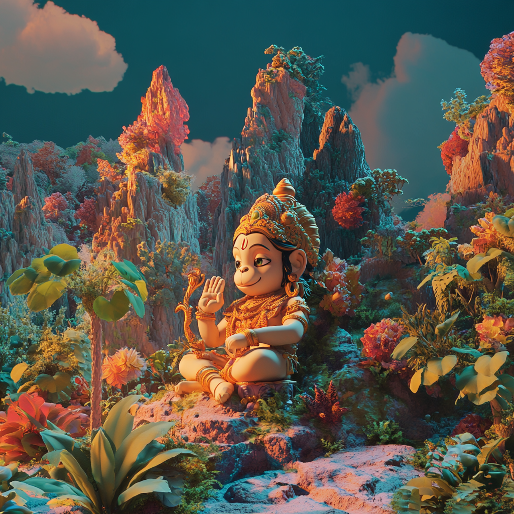 3D scene with vibrant background, Little Hanuman portrayed.