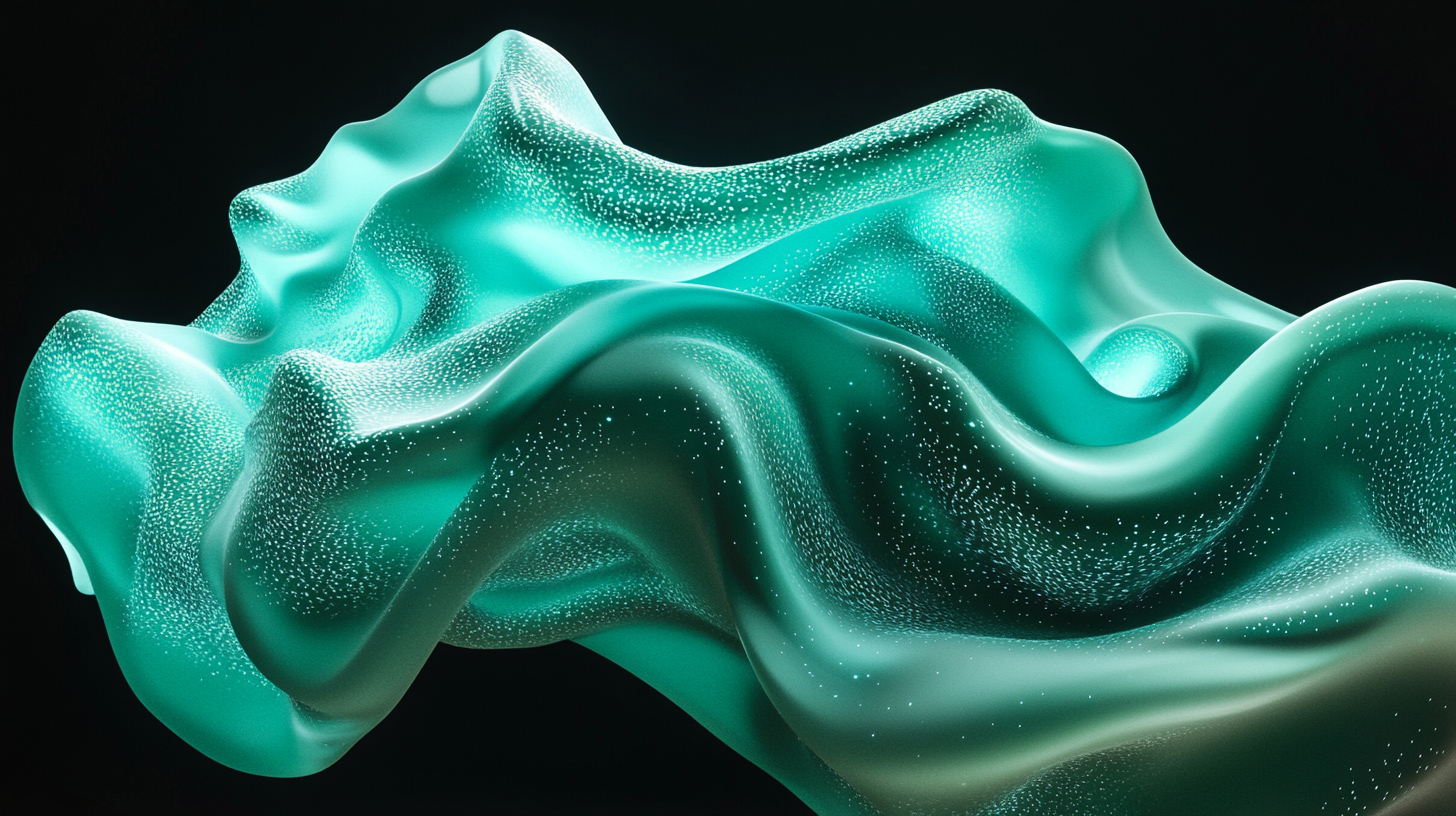 3D shape with blue-green sand, dark background, photorealistic.