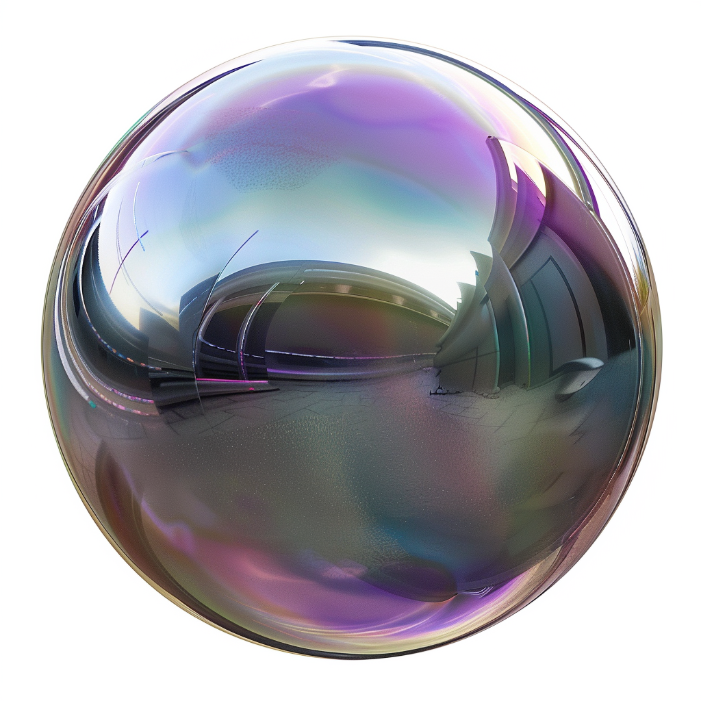 3D sphere with metallic, reflective, iridescent finish on background.