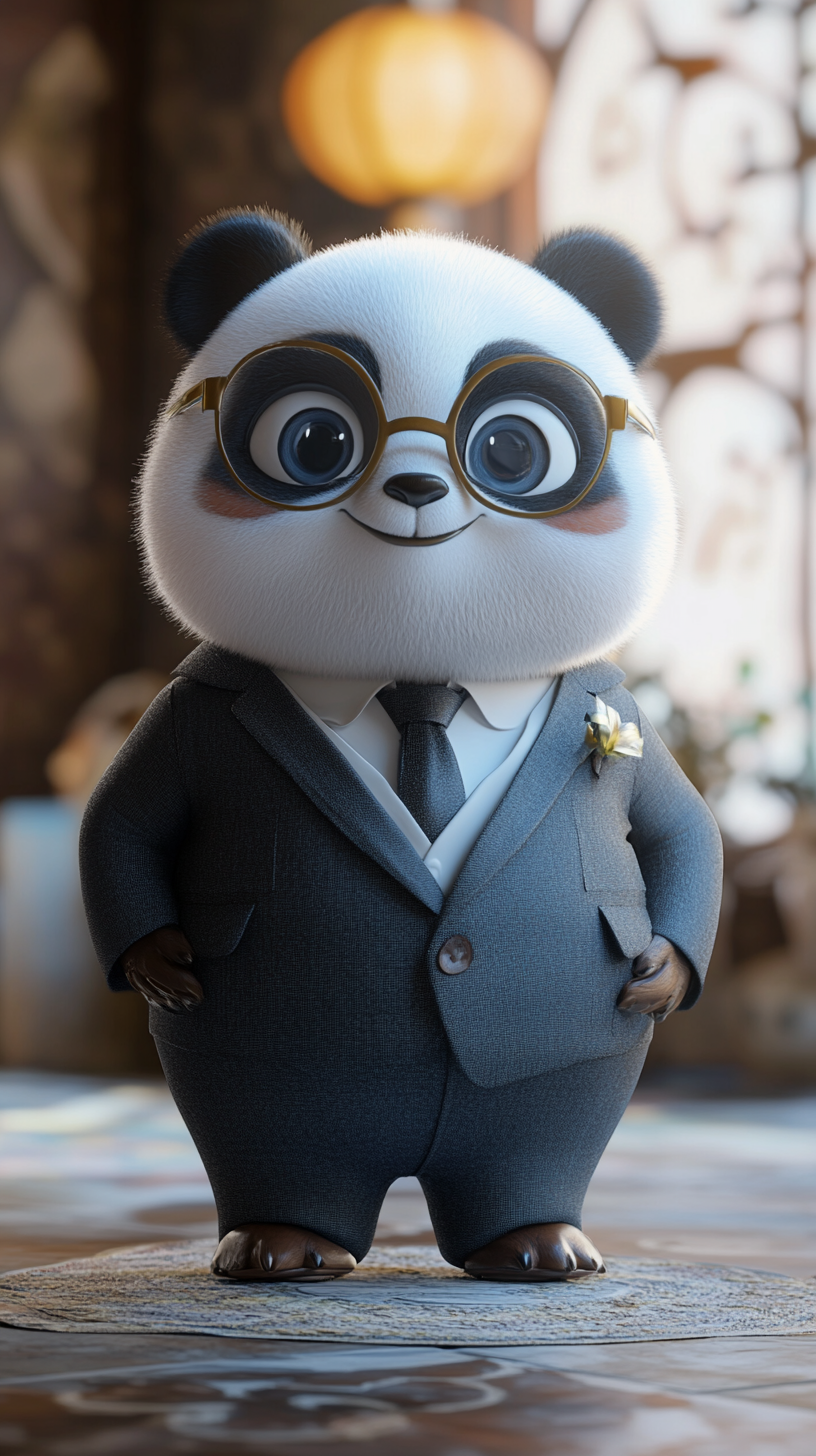 3D style cute, chubby panda, wearing tight suit.