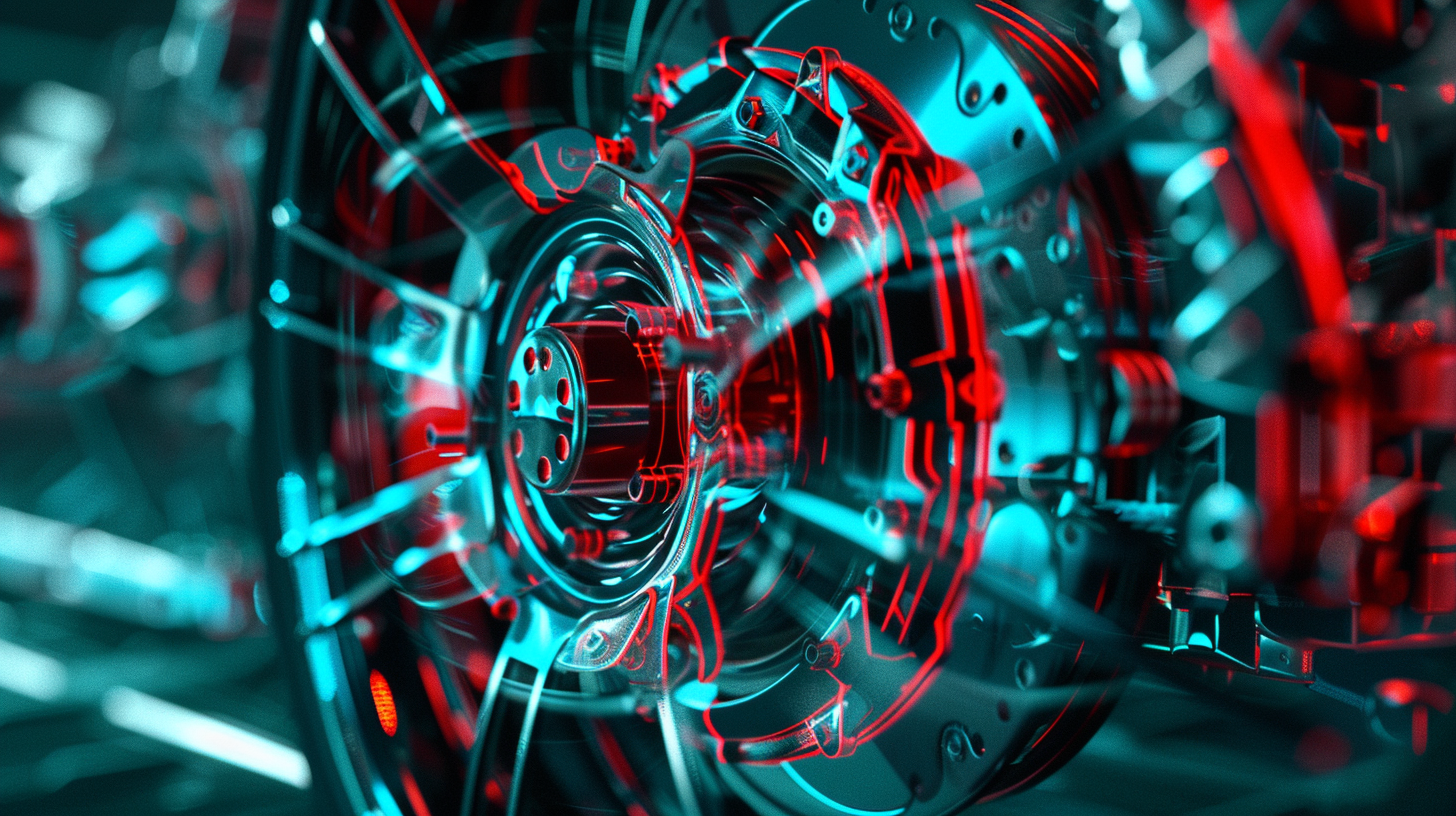 3D wheel and brake system in cyan and red.