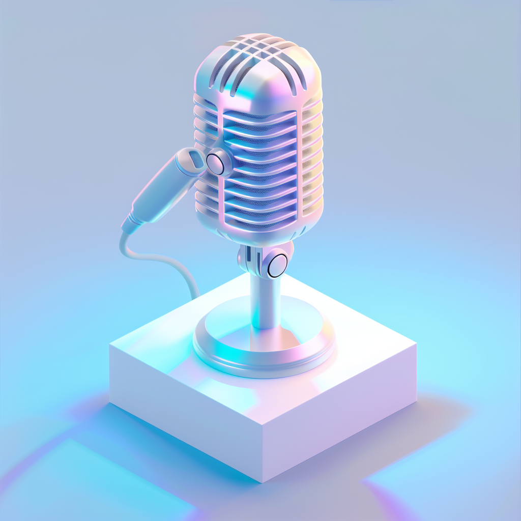 3D white, iridescent microphone icon on white background.